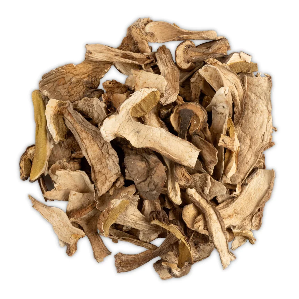 Fresh and dried porcini mushrooms displayed together for sale in USA, Chicago
